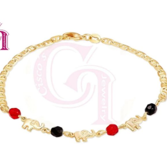Gold Filled Black Red Beads Elephant Bracelet Good Luck Elephant Bracelet 7.5" - Picture 1 of 5